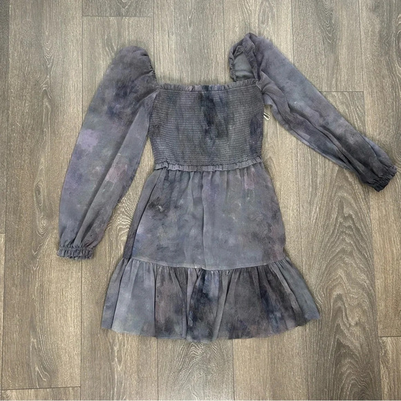 Aritzia Wilfred Tempest Mini Dress Smocked bodice Chiffon Puff Sleeve Purple - Picture 10 of 16